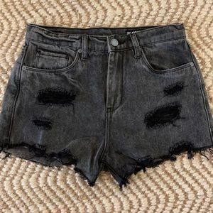 Blank NYC high-rise distressed denim shorts.